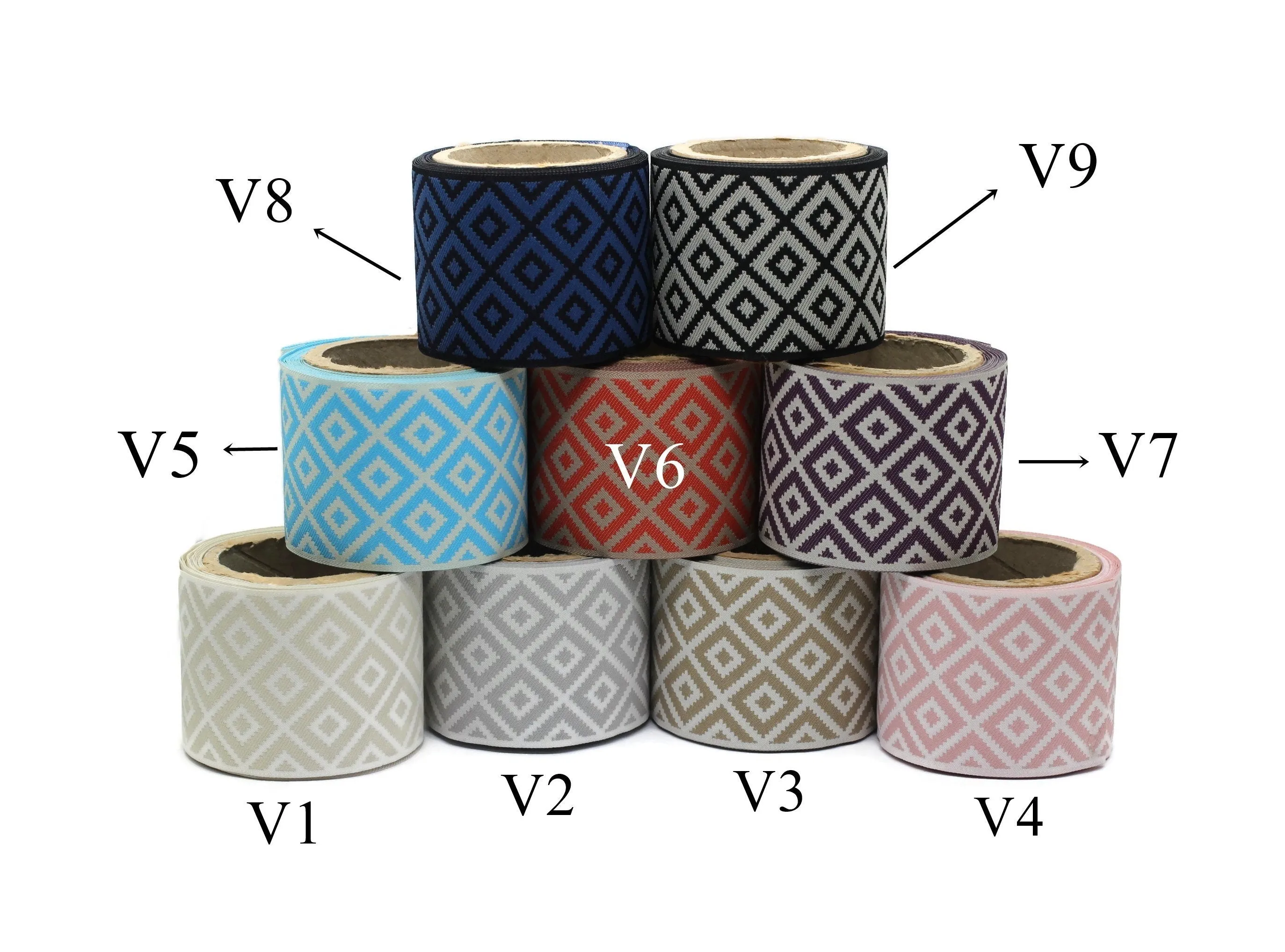 100mm Blue&Gray Mosaic Ribbon for Drapery Banding (3.93 inch), Jacquard Trim, Drapery Banding Tape, Curtain Making Fabric Drape 194 V5