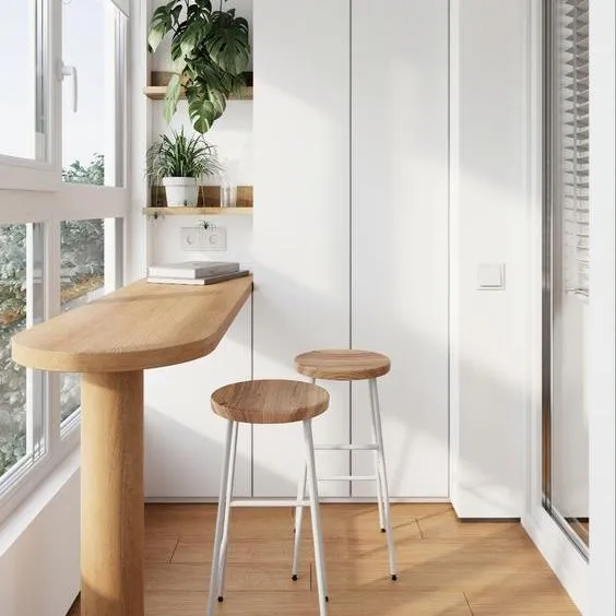 A Simple Design With A Wooden Bar Table With Stool For Balcony