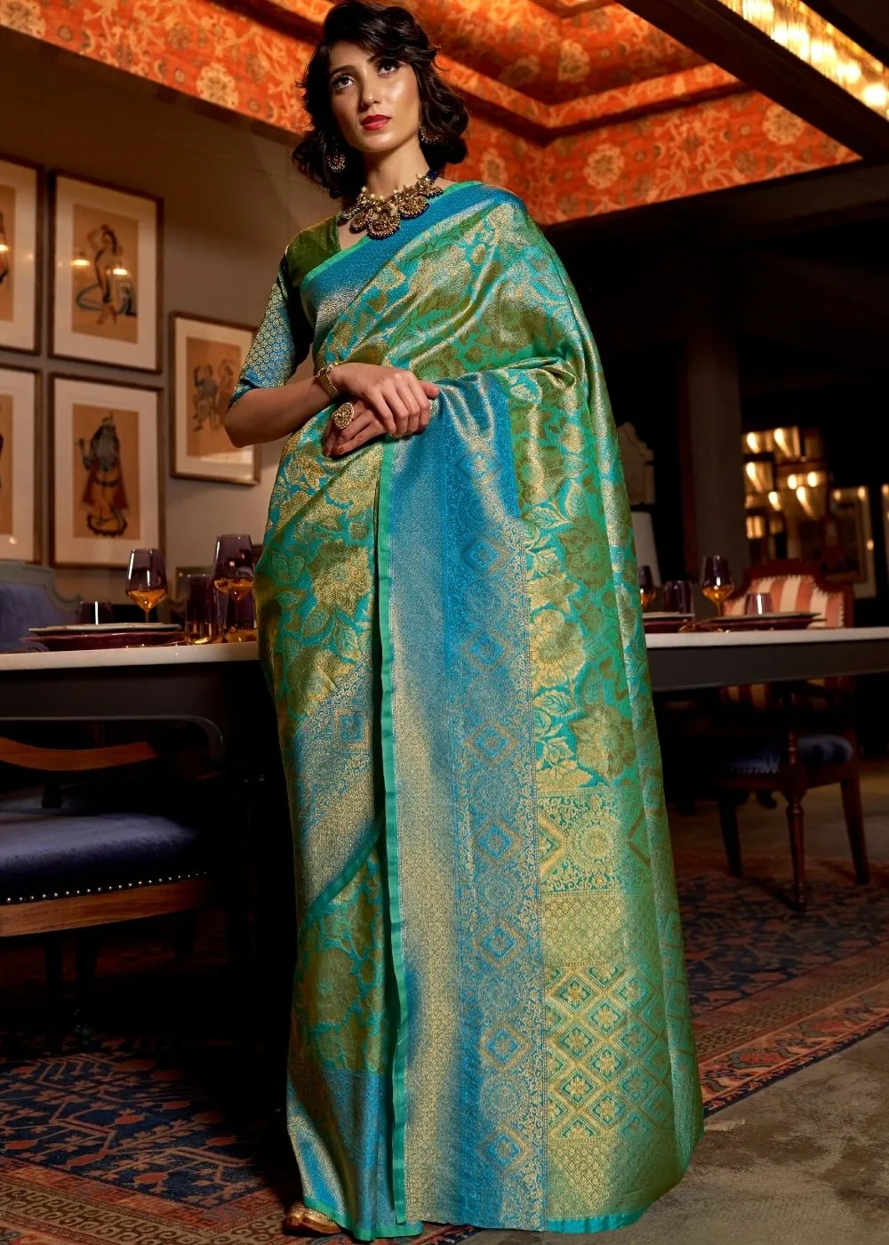 Azure Blue and Green Two Tone Kanjivaram Silk Saree