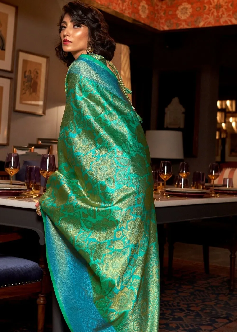 Azure Blue and Green Two Tone Kanjivaram Silk Saree