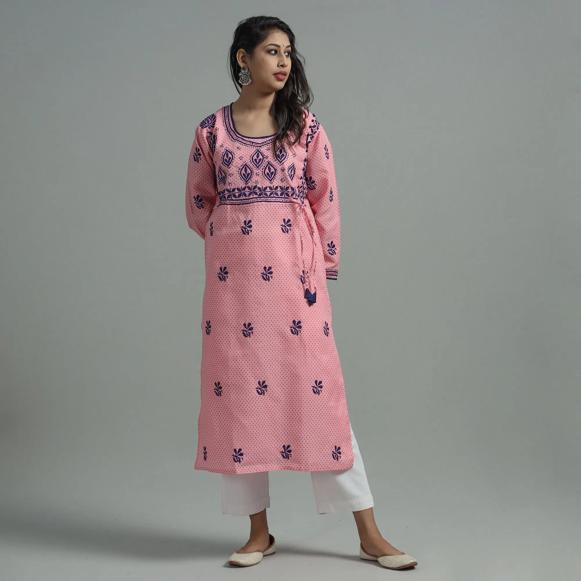 Baby Pink Chikankari Hand Embroidered Cotton Long Kurta