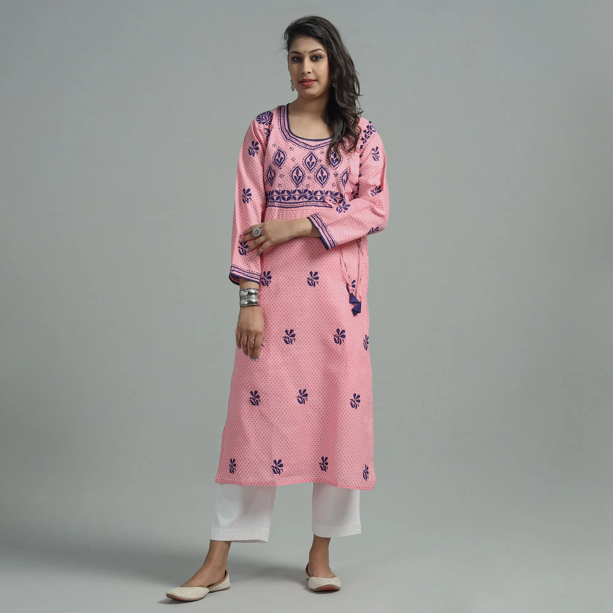 Baby Pink Chikankari Hand Embroidered Cotton Long Kurta