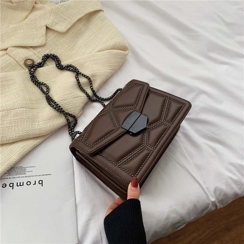 Back To College  Studded Rivet Chain Brand PU Leather Crossbody Bags For Women Hit Simple Fashion Shoulder Bag Lady Luxury Small Handbags