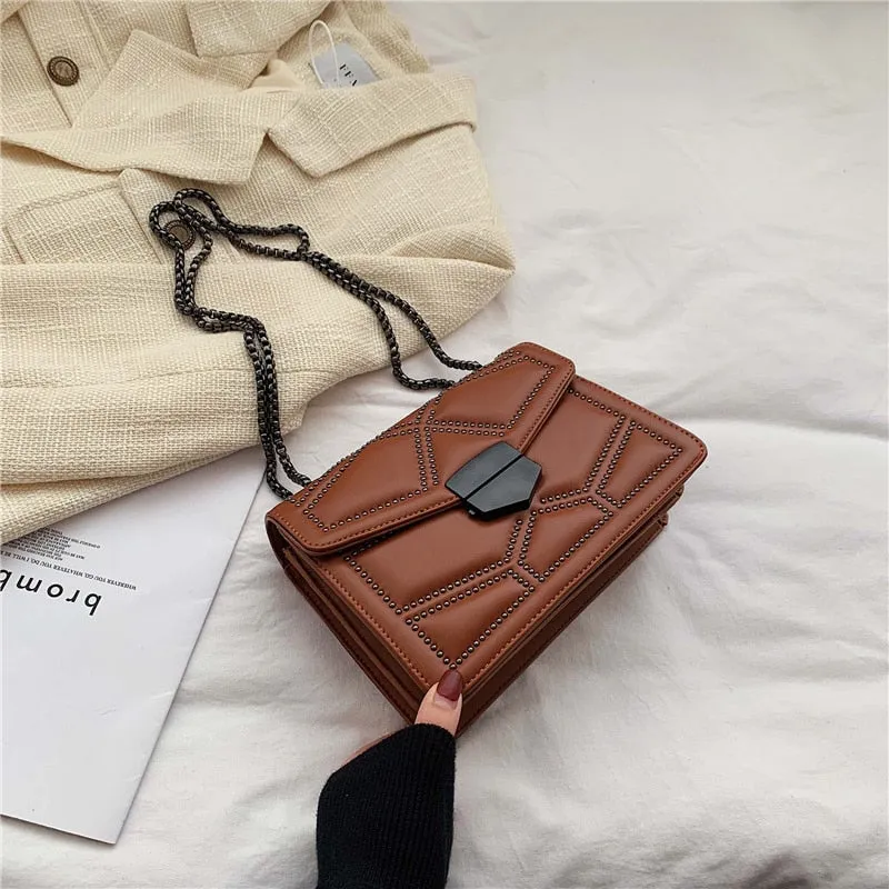 Back To College  Studded Rivet Chain Brand PU Leather Crossbody Bags For Women Hit Simple Fashion Shoulder Bag Lady Luxury Small Handbags