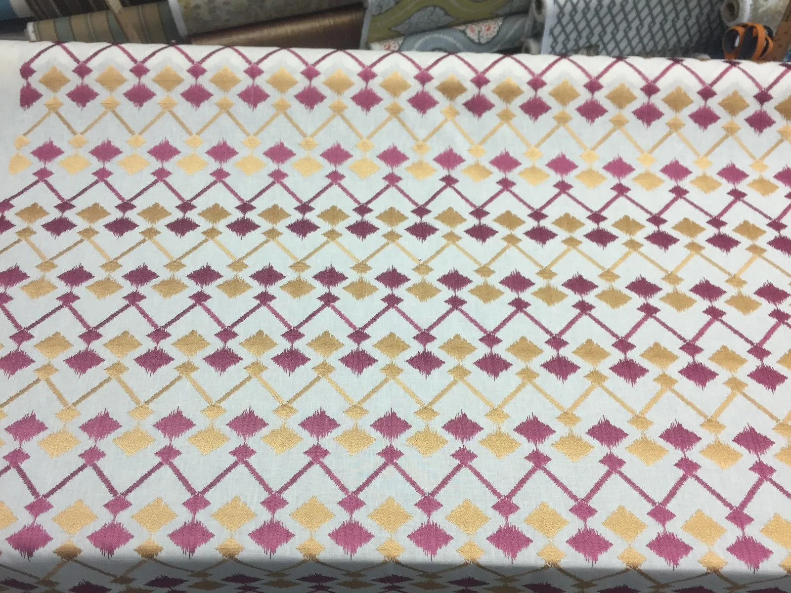 Bali Embroidered Raspberry Lavander and gold  Polyester Cotton fabric by the yard