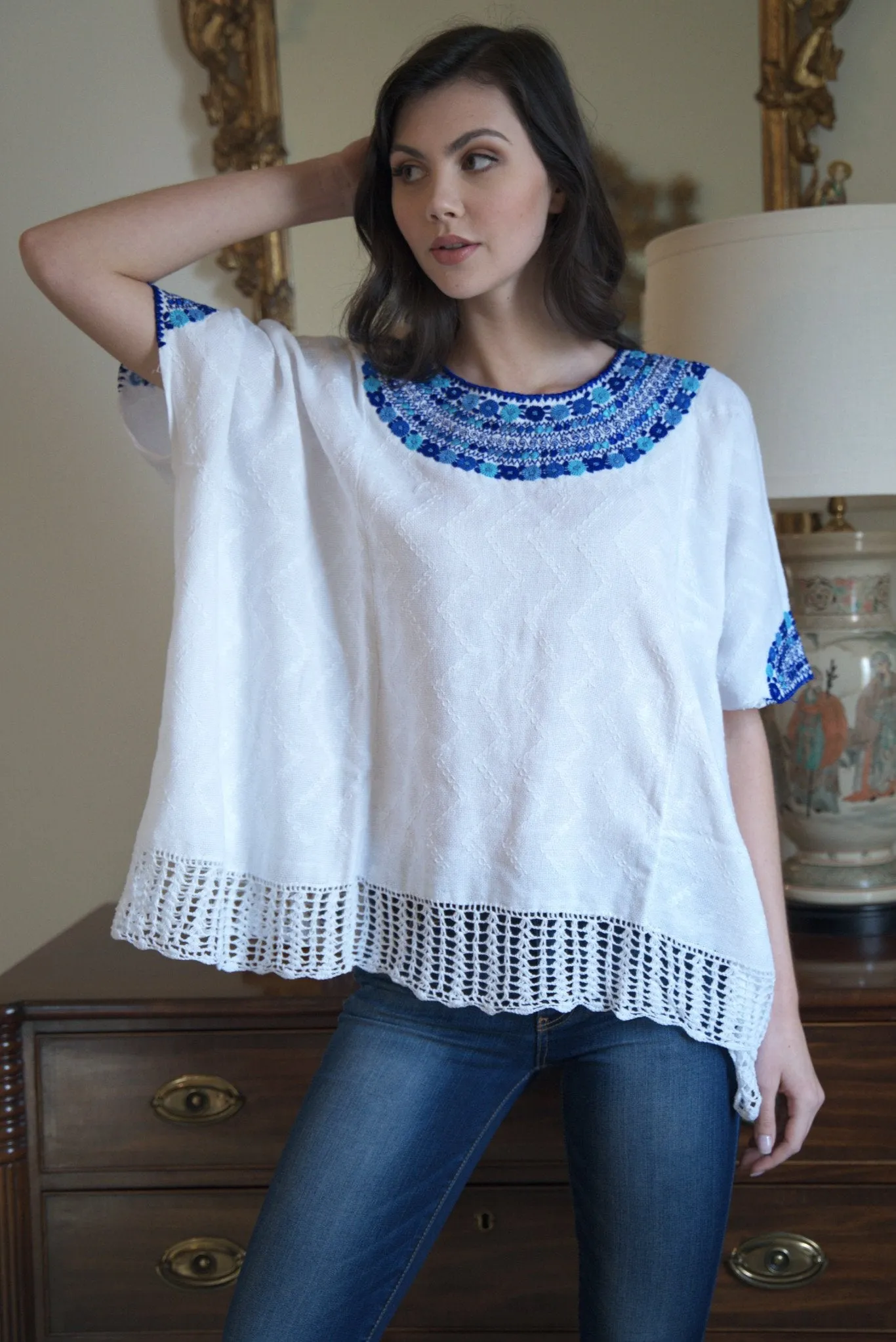 Beatriz Embroidered Guatemalan Top - White & Blue