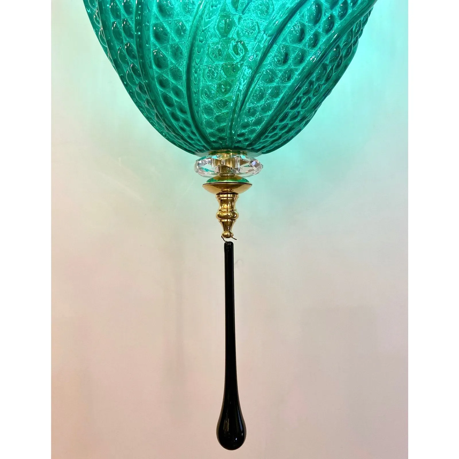 Bespoke Italian Oval Black Crystal Green Murano Glass Brass Egg Pendant Light