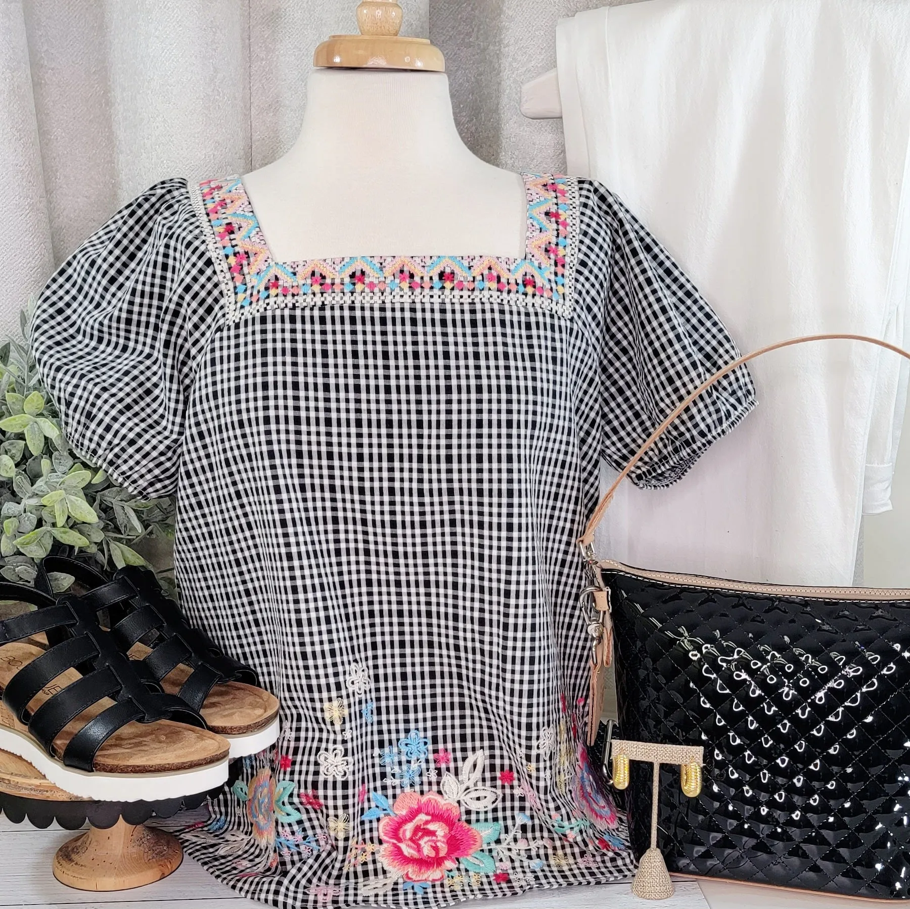 Black & White Check Top W/ Embroidery