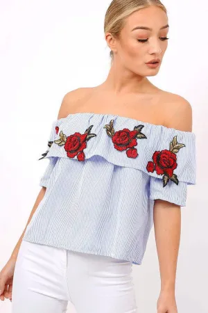 Blue & White Striped Embroidered Bardot Top - Catia