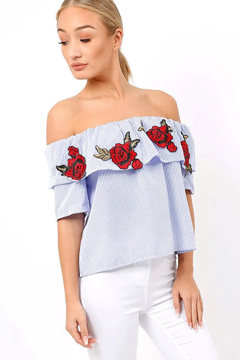 Blue & White Striped Embroidered Bardot Top - Catia