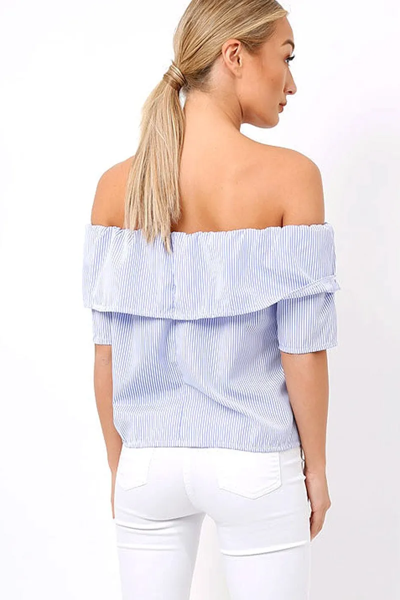 Blue & White Striped Embroidered Bardot Top - Catia