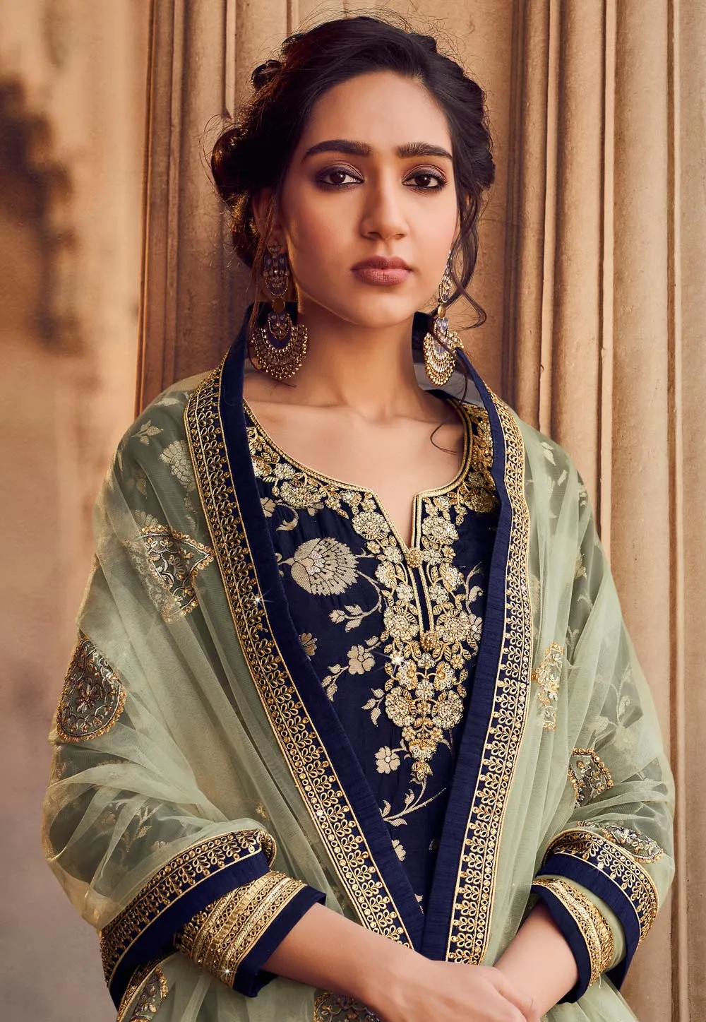 Blue And Green Embroidered Lehenga style suit