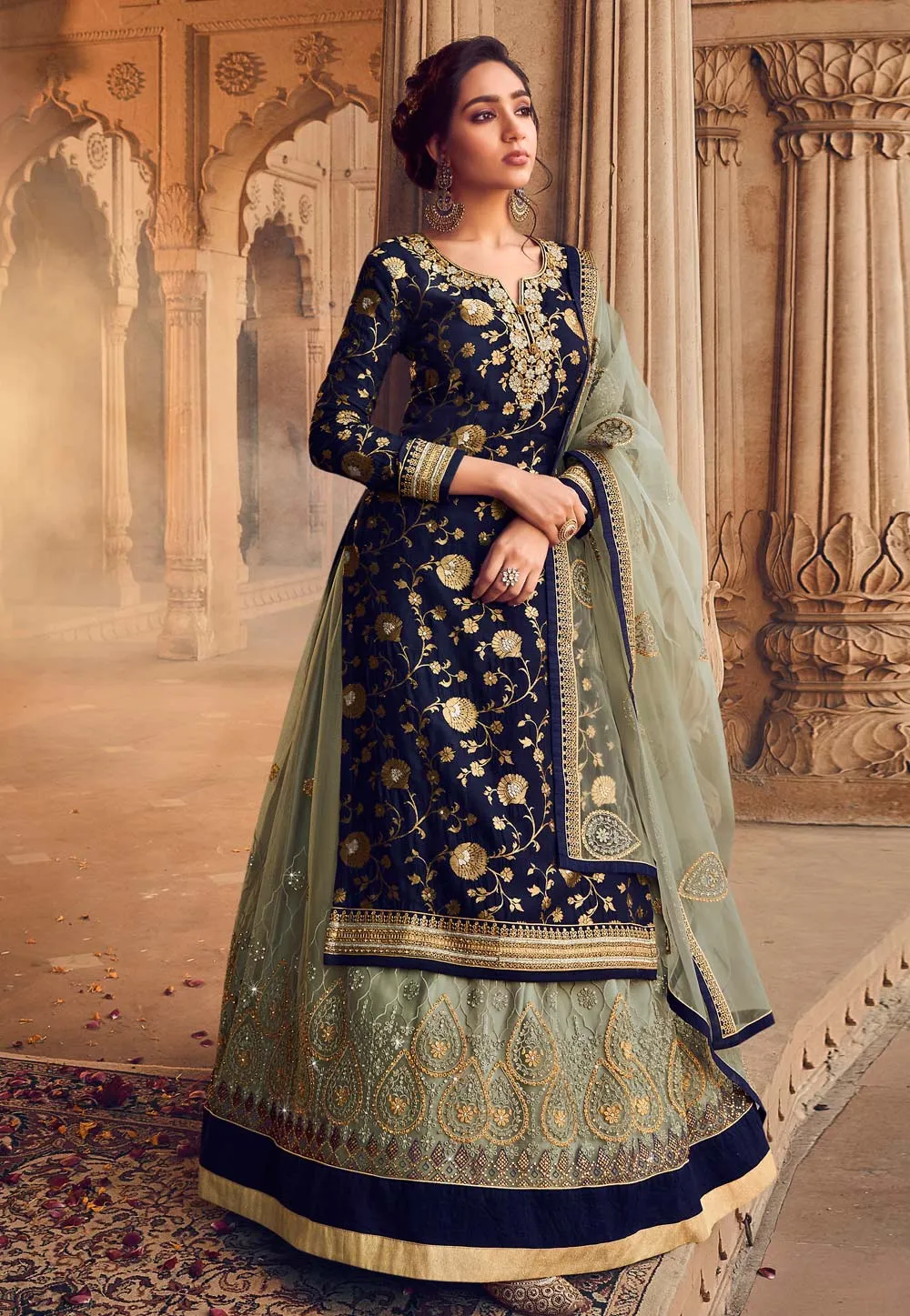 Blue And Green Embroidered Lehenga style suit