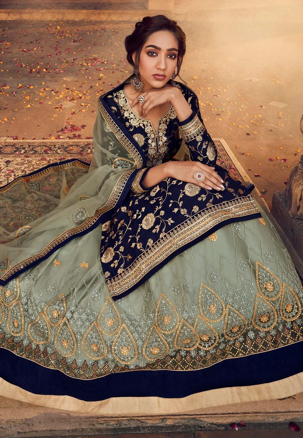 Blue And Green Embroidered Lehenga style suit