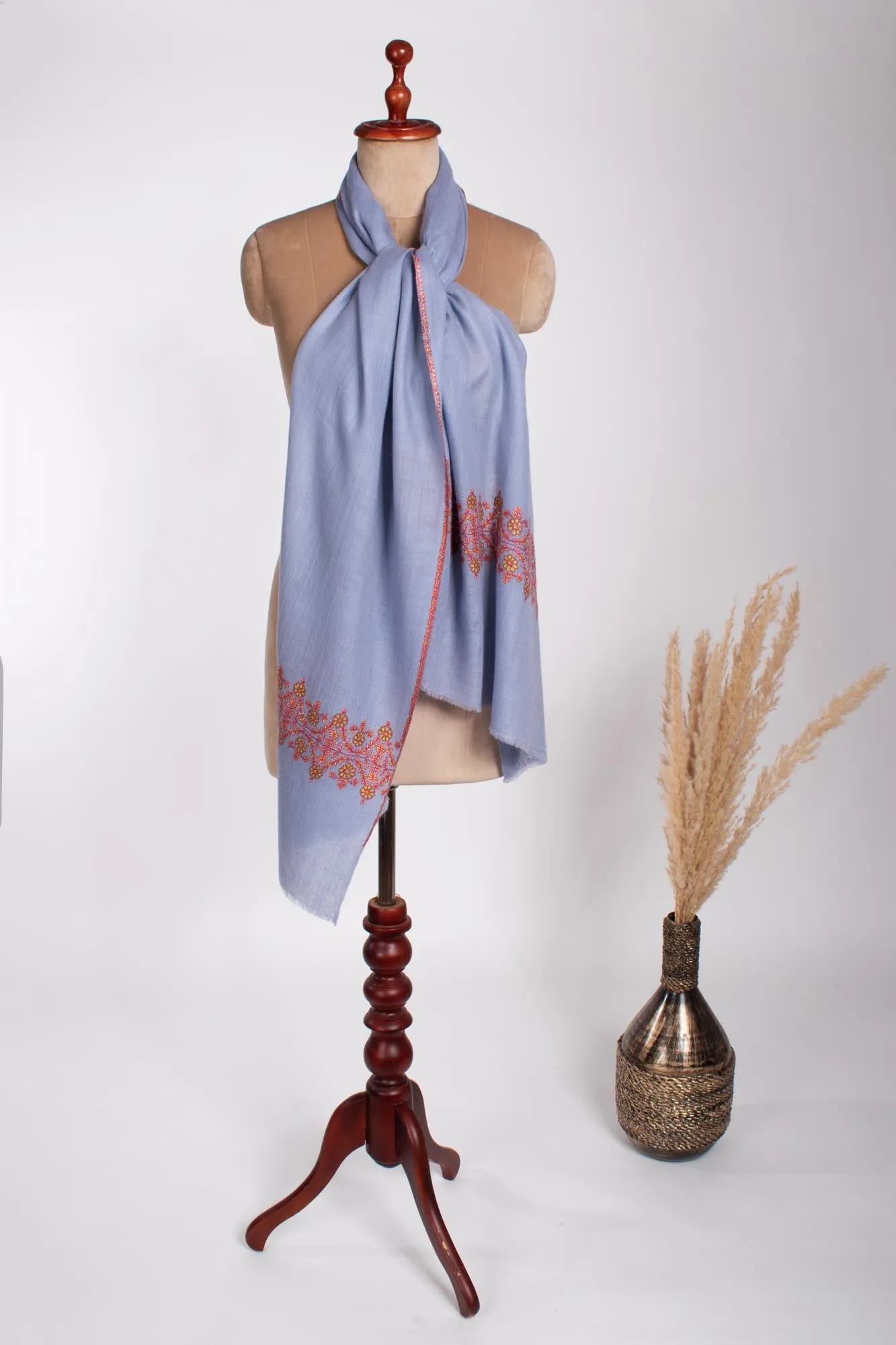 Blue Lightweight Cashmere Embroidered Scarf- LAUNCESTON