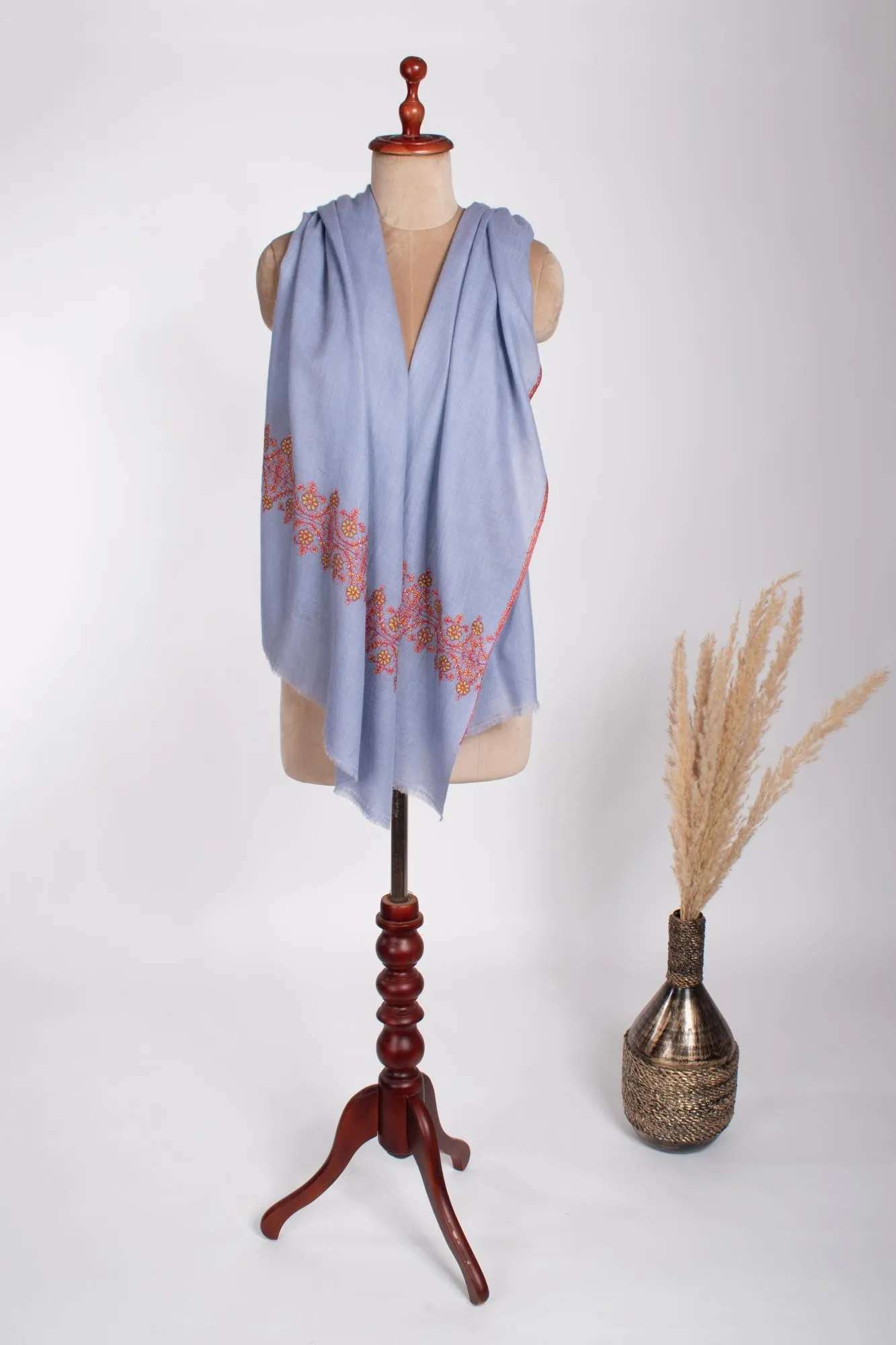 Blue Lightweight Cashmere Embroidered Scarf- LAUNCESTON