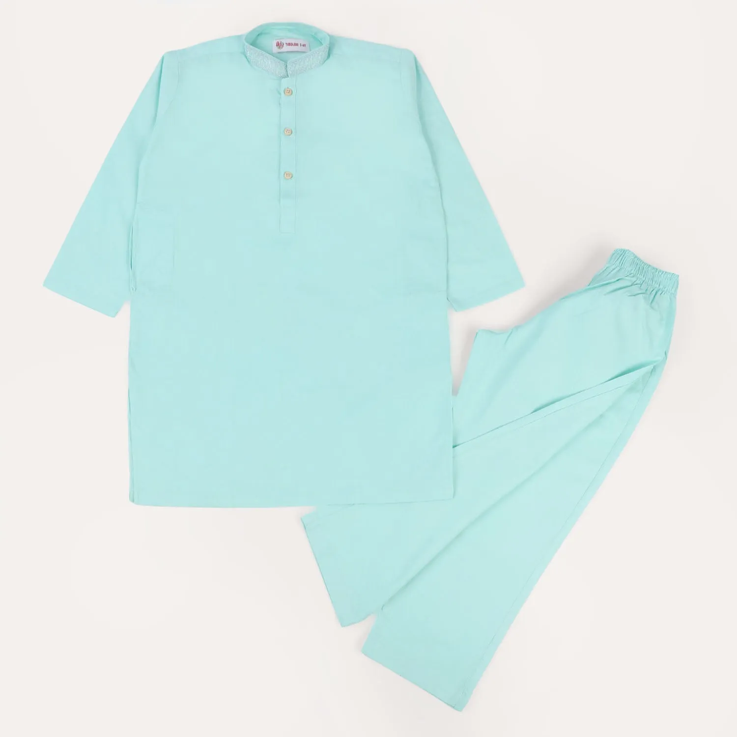 Boys Embroidered Cotton Kurta Pajama Suit - Mint Green