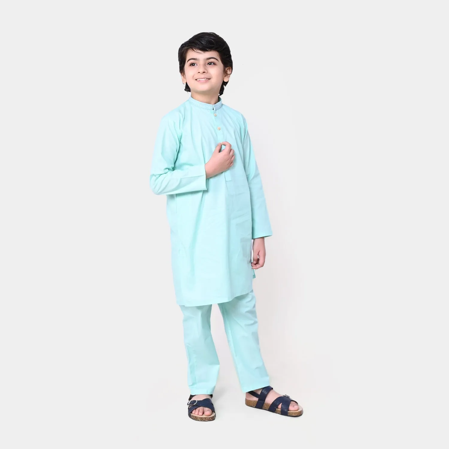 Boys Embroidered Cotton Kurta Pajama Suit - Mint Green