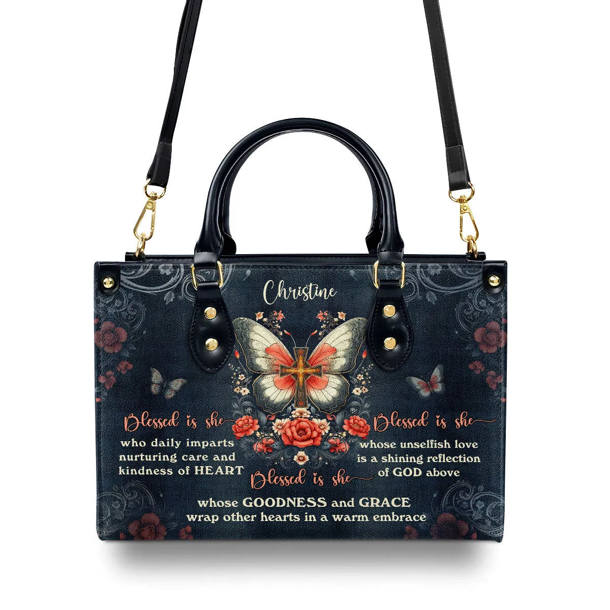 Butterflies Blessed Is She Personalized Leather Handbag - Custom Name Leather Handbags For Women