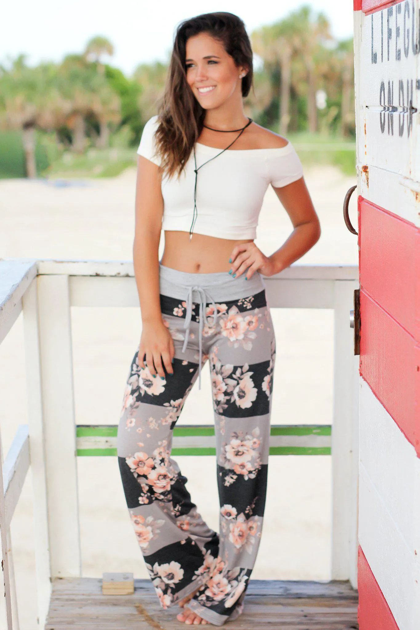 Charcoal Floral Striped Pants