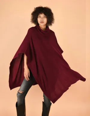 Chunky Roll Neck Poncho in Merlot