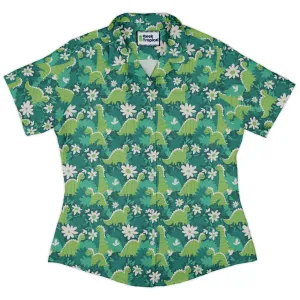 Dinosaur Smiles Flowers and Leaves Curvy Button Up Shirt