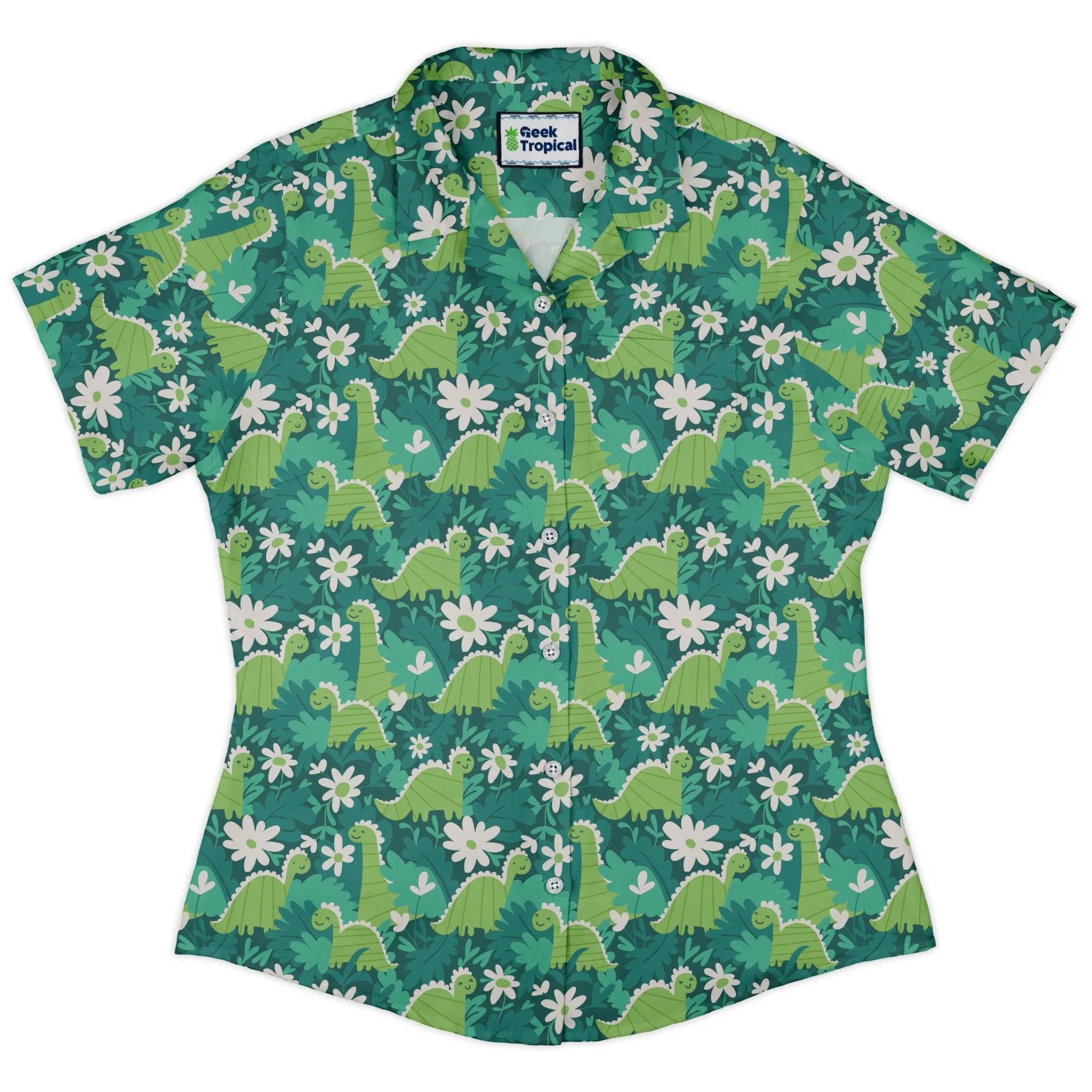 Dinosaur Smiles Flowers and Leaves Curvy Button Up Shirt