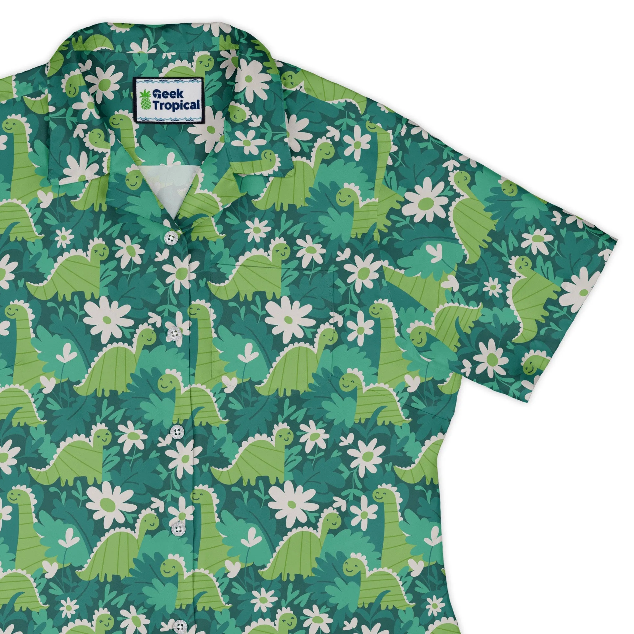 Dinosaur Smiles Flowers and Leaves Curvy Button Up Shirt