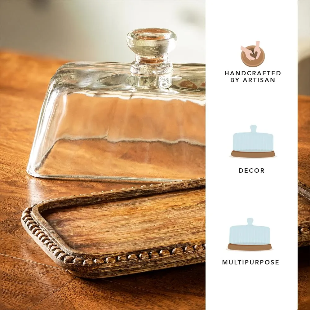 Ellementry Clear Glass Butter Dish with Wooden Base| Colour: Clear | Glass |Baking Dish |Wooden Base| Handcrafted | Versatile | Sustainable | Food Safe | Gifting |