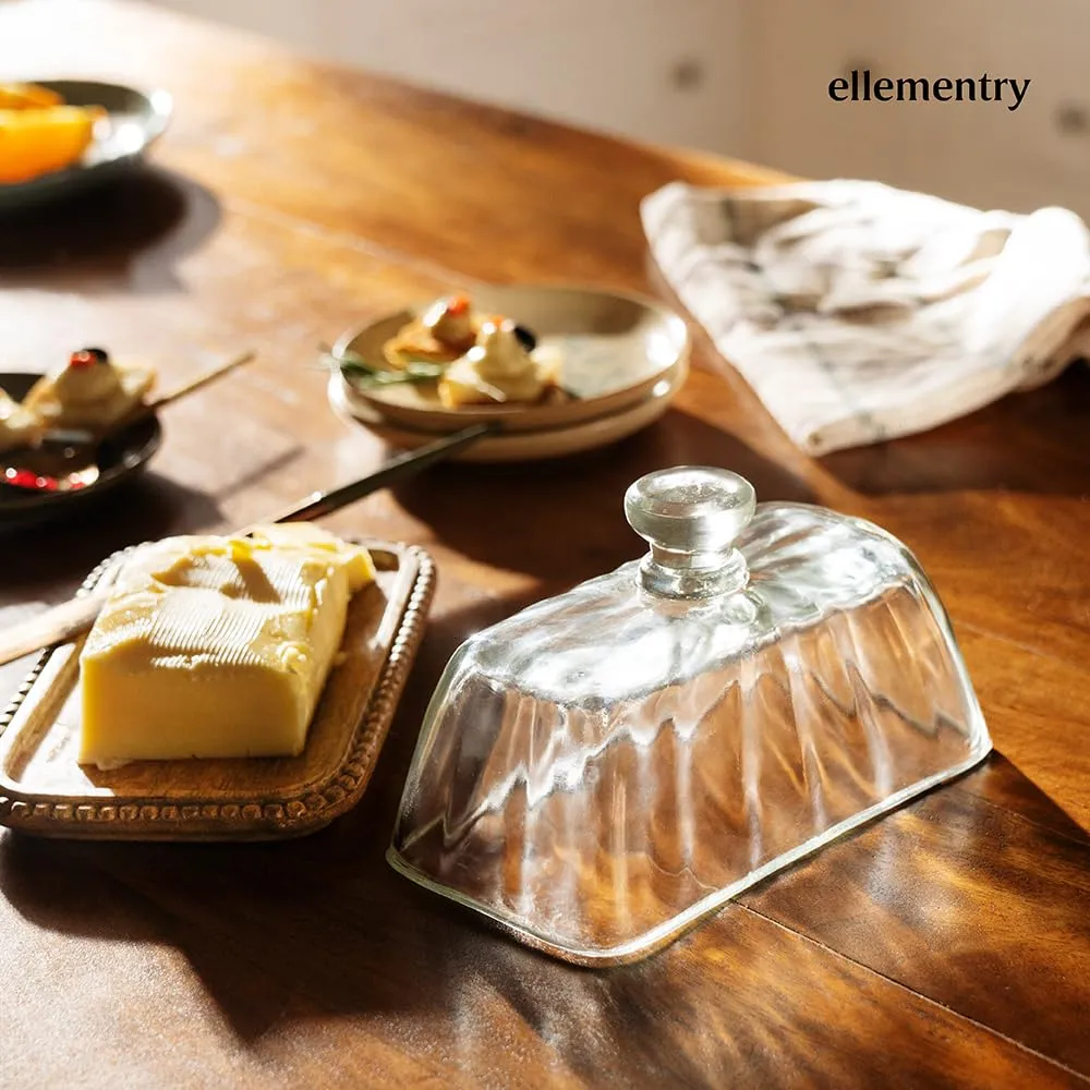 Ellementry Clear Glass Butter Dish with Wooden Base| Colour: Clear | Glass |Baking Dish |Wooden Base| Handcrafted | Versatile | Sustainable | Food Safe | Gifting |