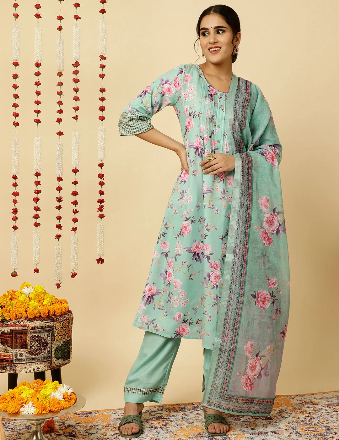 Embroidered Green Rose Print Pleated Kurta With Pants And Dupatta