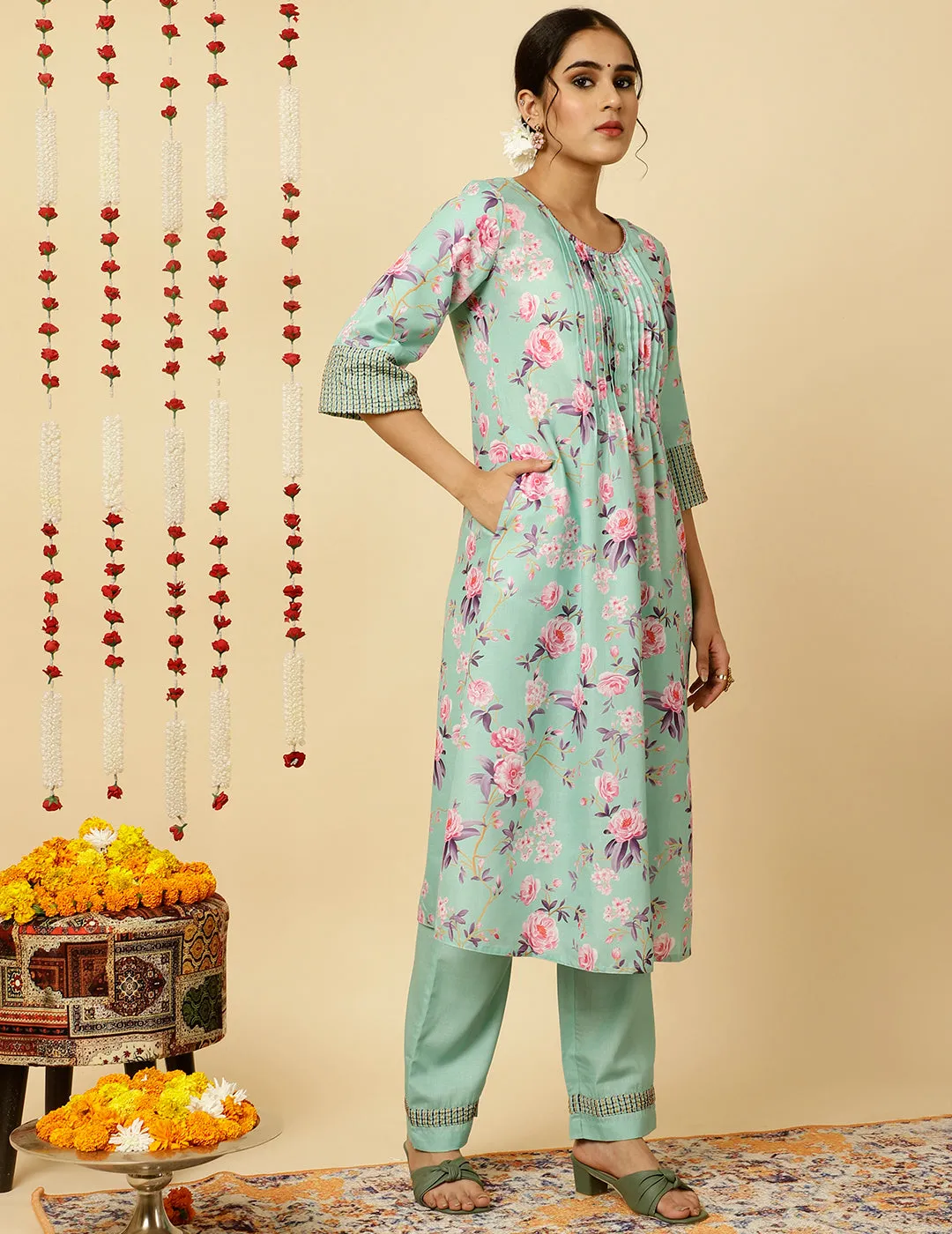 Embroidered Green Rose Print Pleated Kurta With Pants And Dupatta