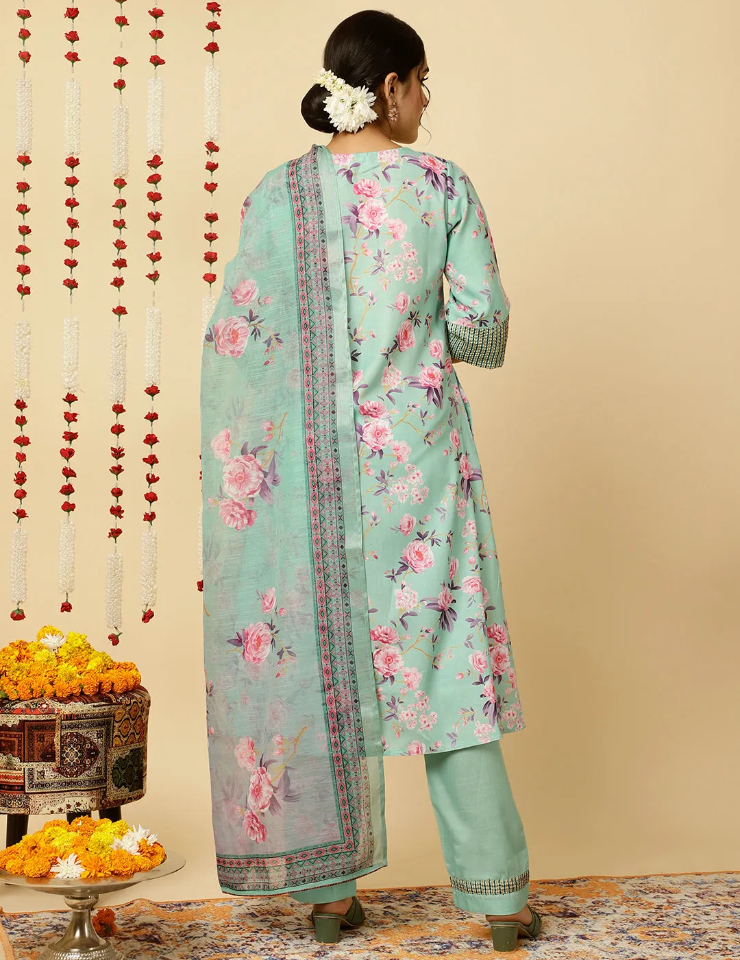 Embroidered Green Rose Print Pleated Kurta With Pants And Dupatta