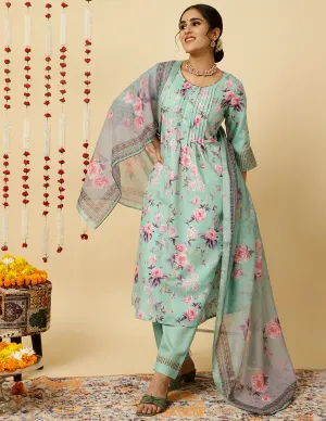 Embroidered Green Rose Print Pleated Kurta With Pants And Dupatta