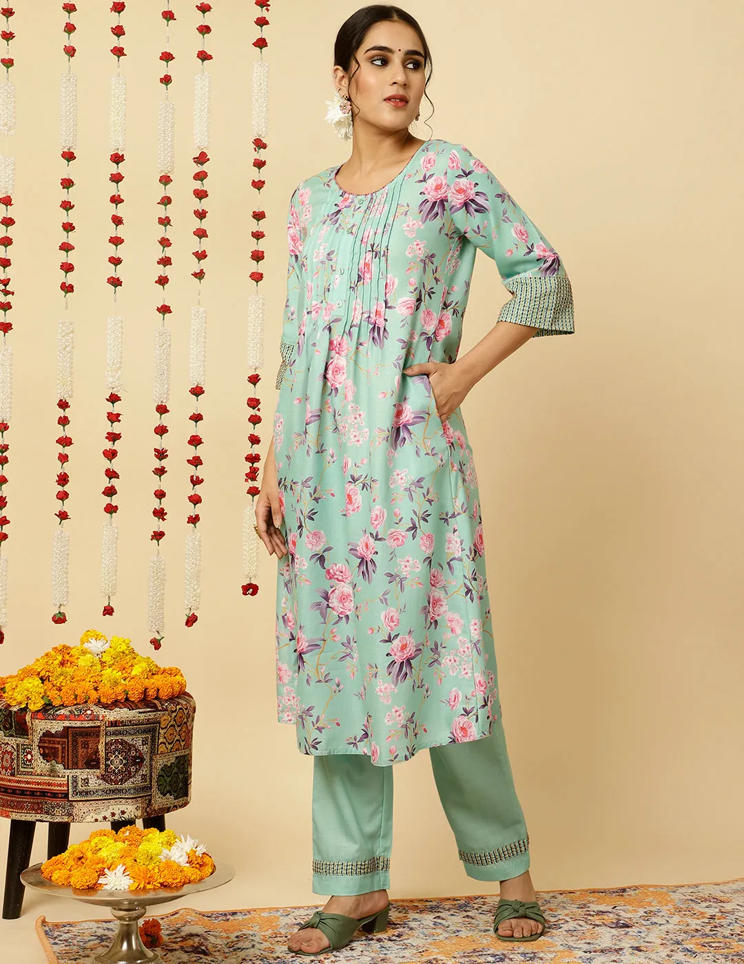 Embroidered Green Rose Print Pleated Kurta With Pants And Dupatta