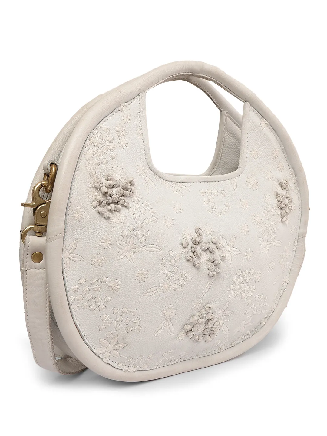 Floral Bliss: Round White Leather Handbag with Flower Embroidery