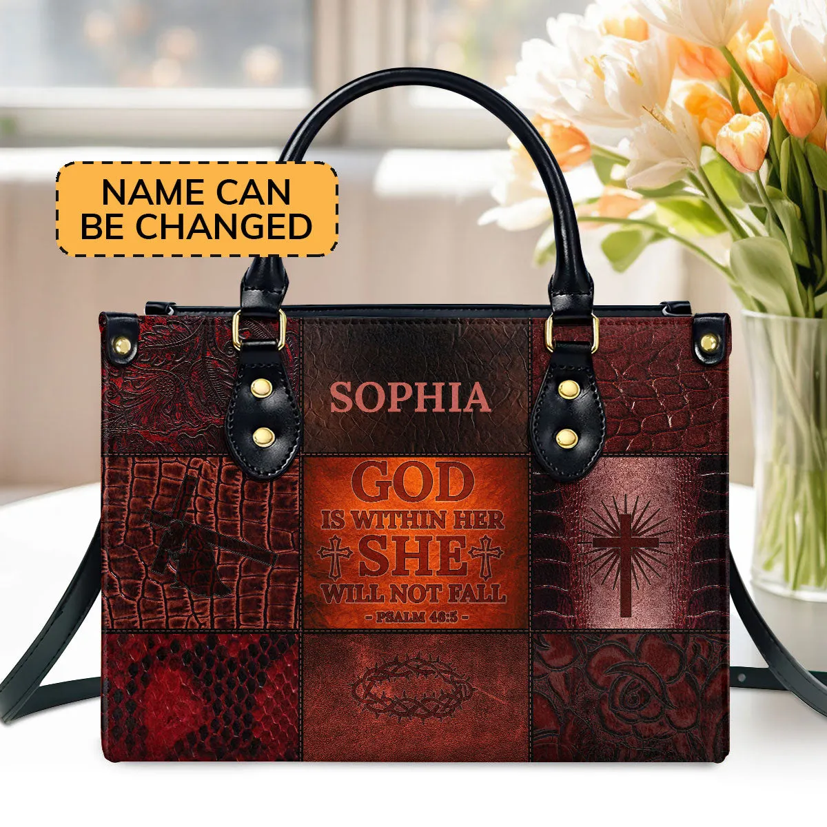 God Is Within Her - She Will Not Fall Custom Name Leather Handbags For Women