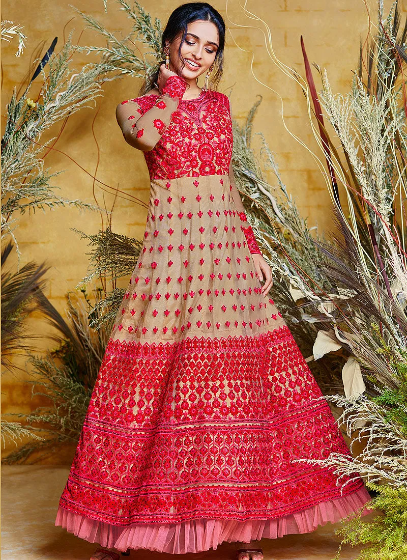 Golden Red Ethnic Embroidered Layered Bridal Anarkali Suit