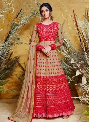 Golden Red Ethnic Embroidered Layered Bridal Anarkali Suit