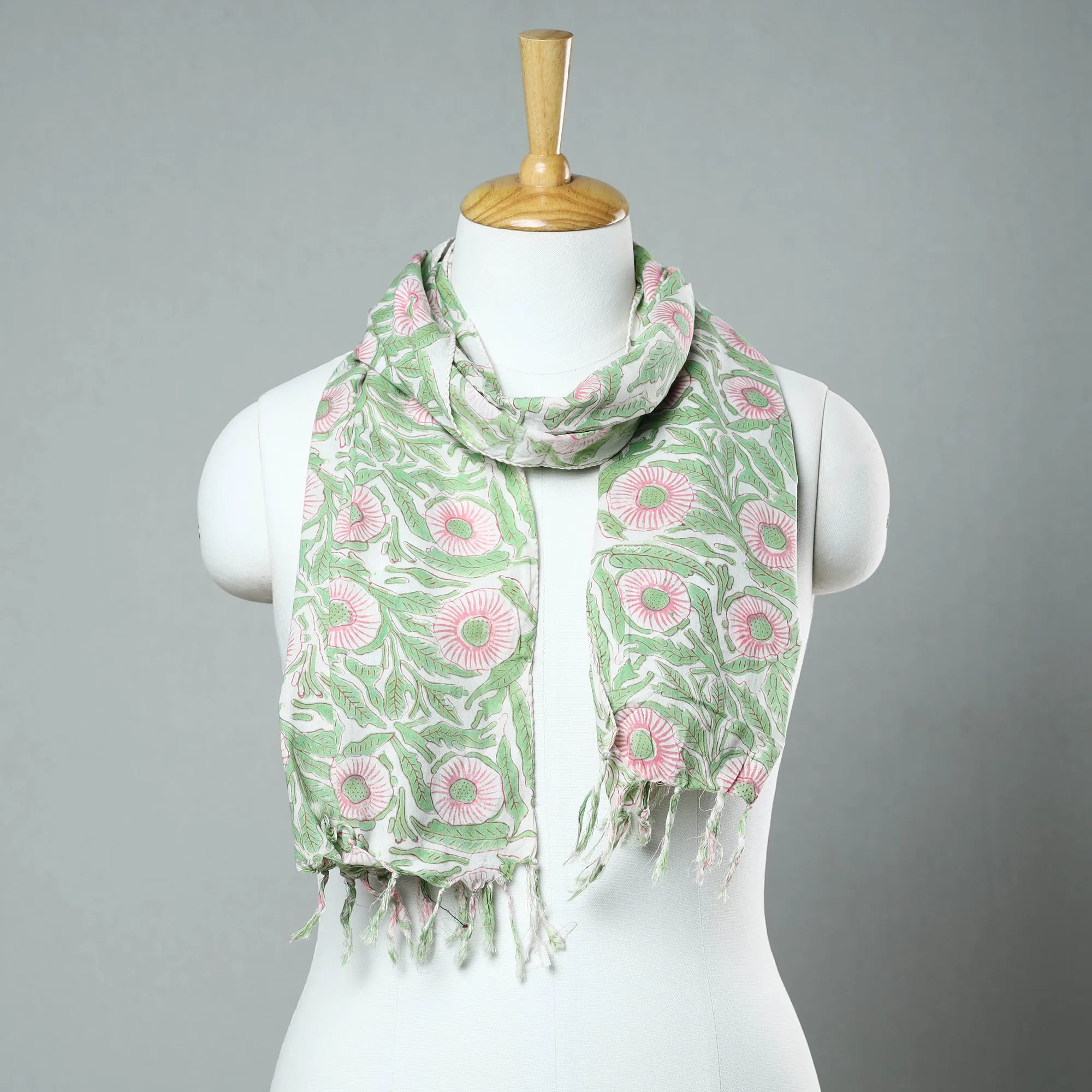 Green - Sanganeri Block Printed Cotton Stole with Tassels 42