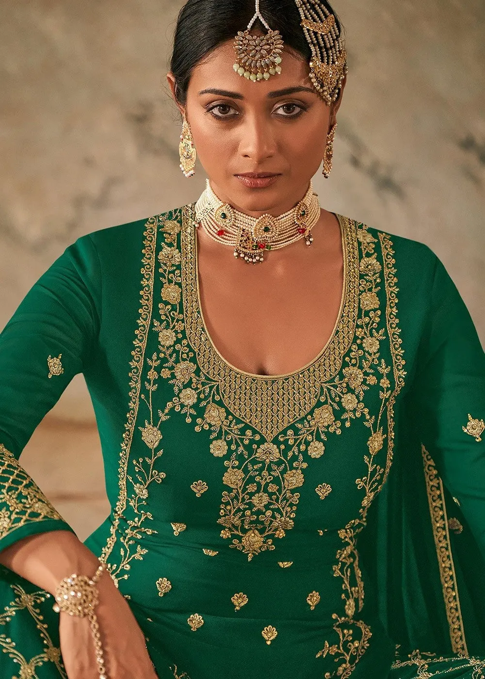 Green Stone Work Embroidered Georgette Sharara Suit