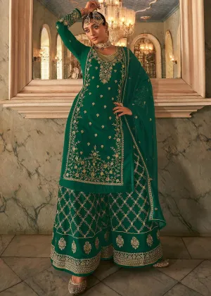 Green Stone Work Embroidered Georgette Sharara Suit