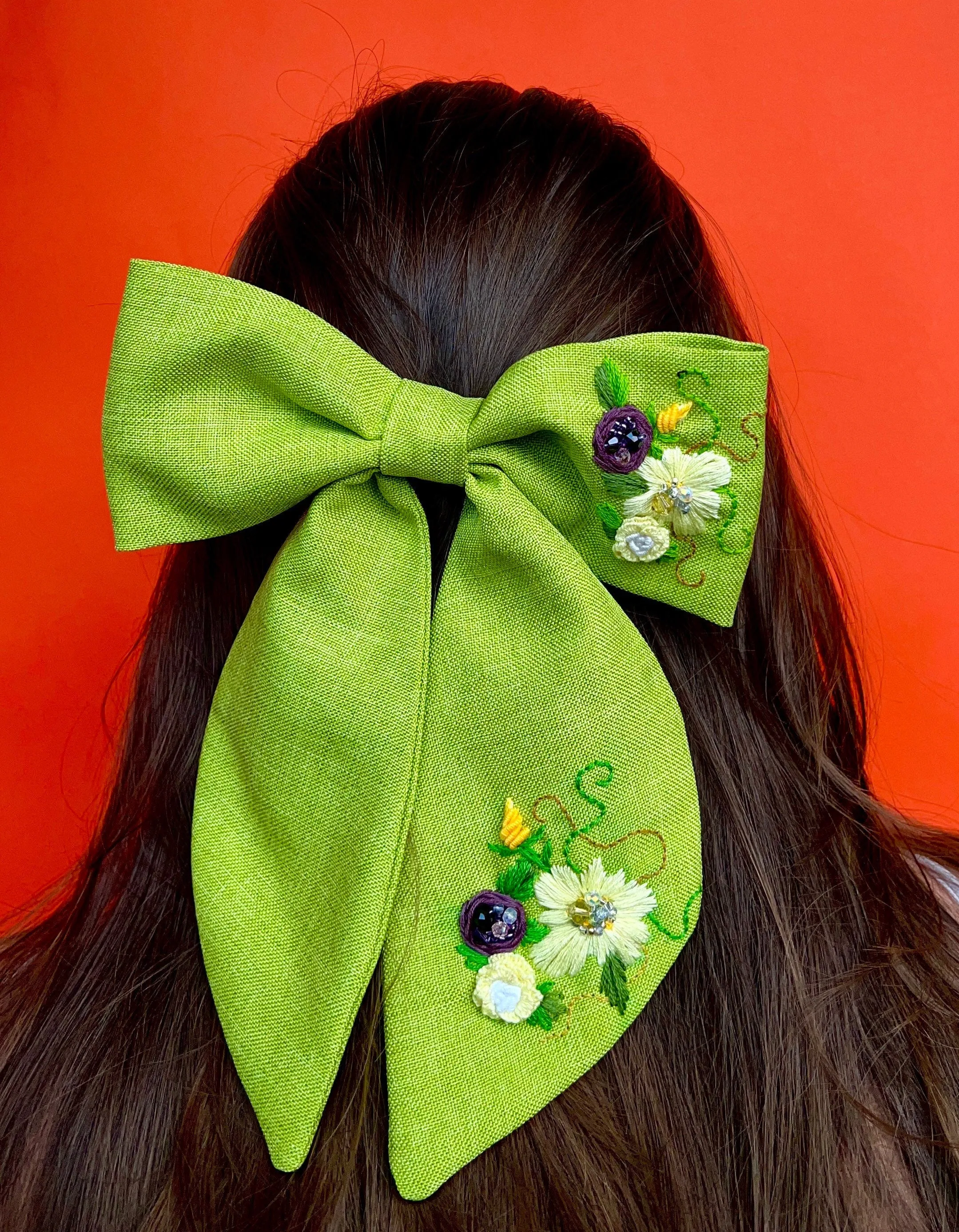 Green Summer Hair Jewelry Bow Embroidered Hair Bow Green Linen Hair Stylish Accessories