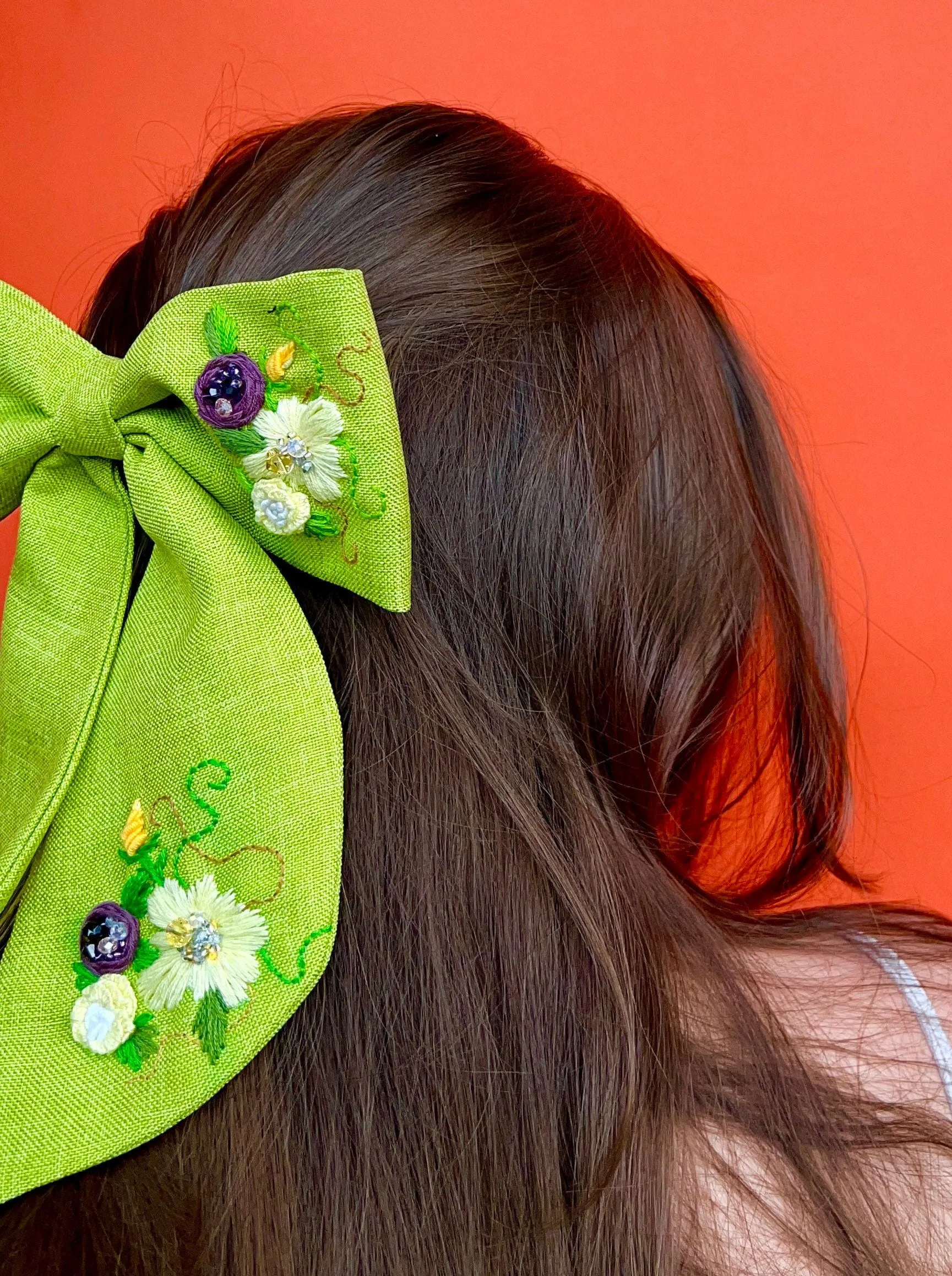 Green Summer Hair Jewelry Bow Embroidered Hair Bow Green Linen Hair Stylish Accessories