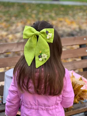 Green Summer Hair Jewelry Bow Embroidered Hair Bow Green Linen Hair Stylish Accessories