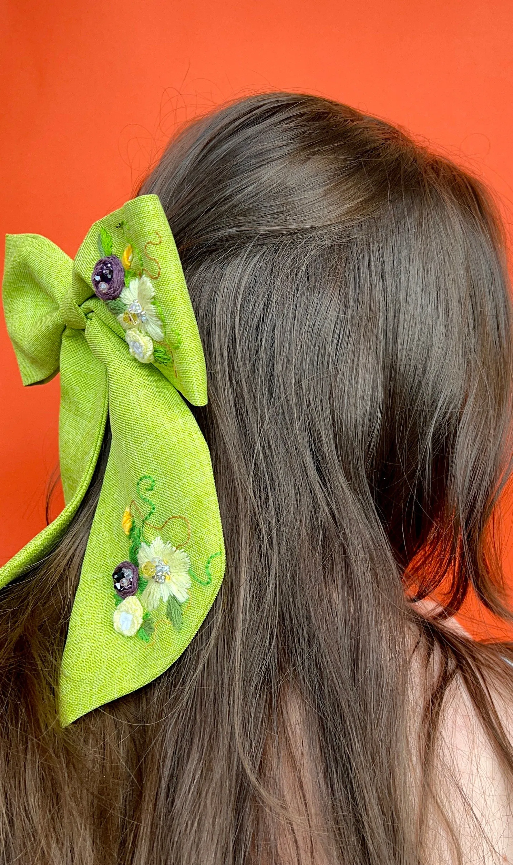 Green Summer Hair Jewelry Bow Embroidered Hair Bow Green Linen Hair Stylish Accessories