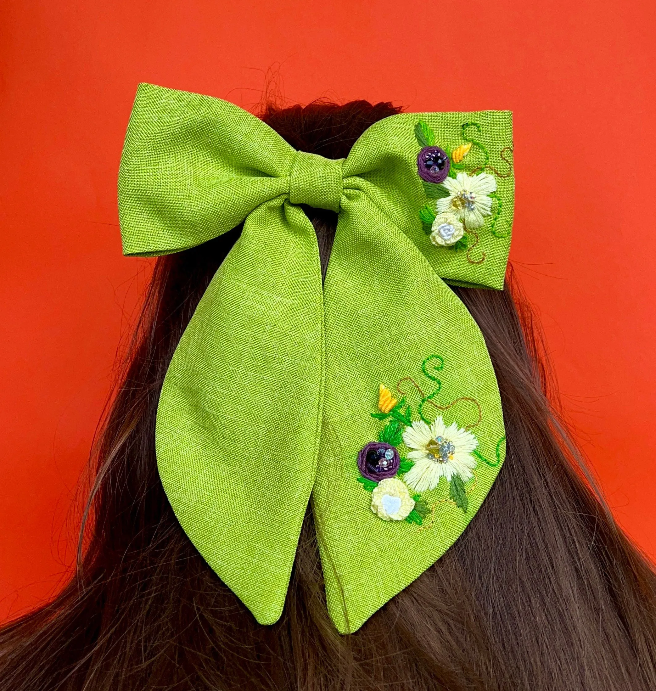 Green Summer Hair Jewelry Bow Embroidered Hair Bow Green Linen Hair Stylish Accessories