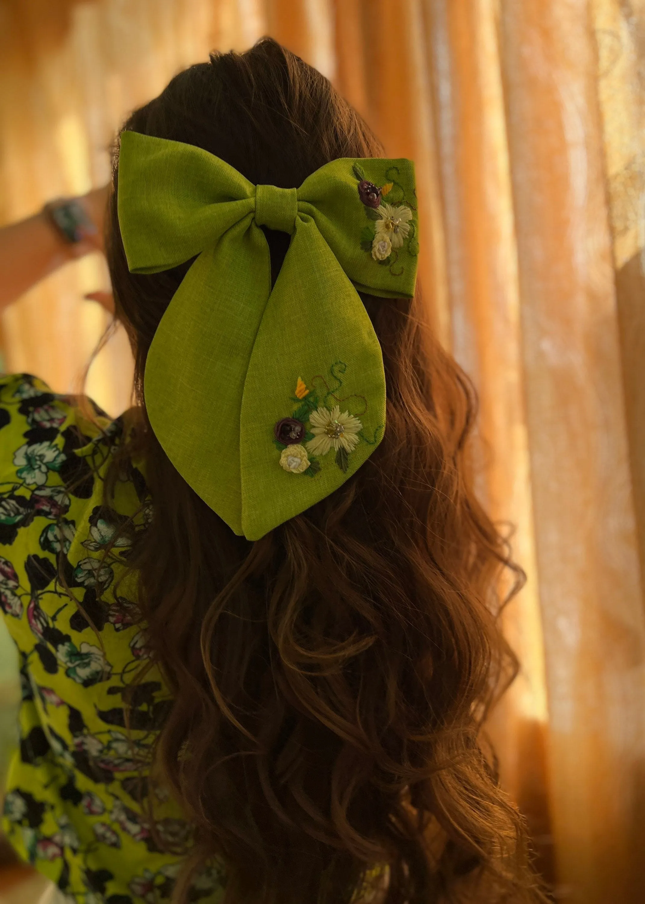 Green Summer Hair Jewelry Bow Embroidered Hair Bow Green Linen Hair Stylish Accessories