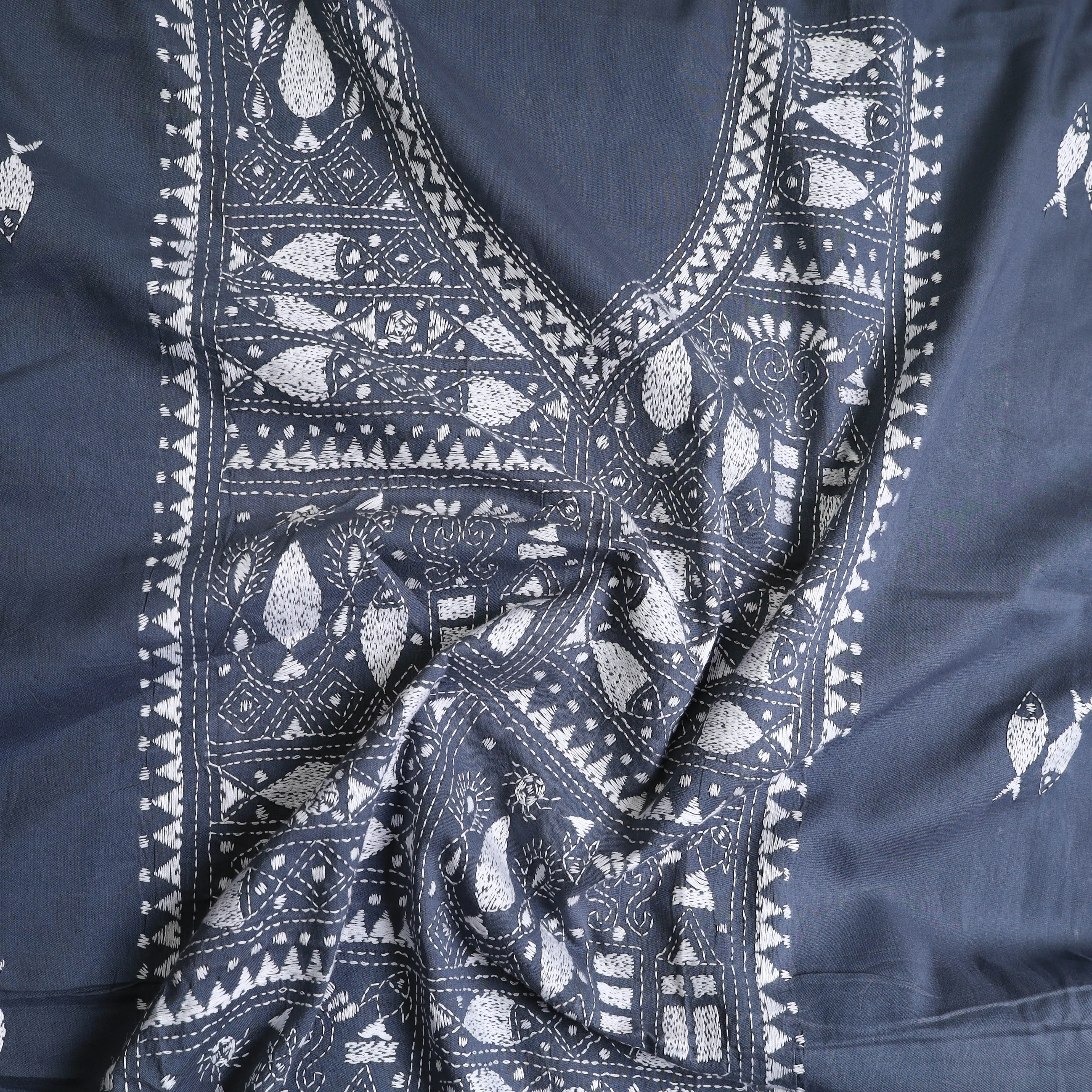 Grey - Bengal Kantha Embroidery Cotton Kurta Material - (2.75m) 54