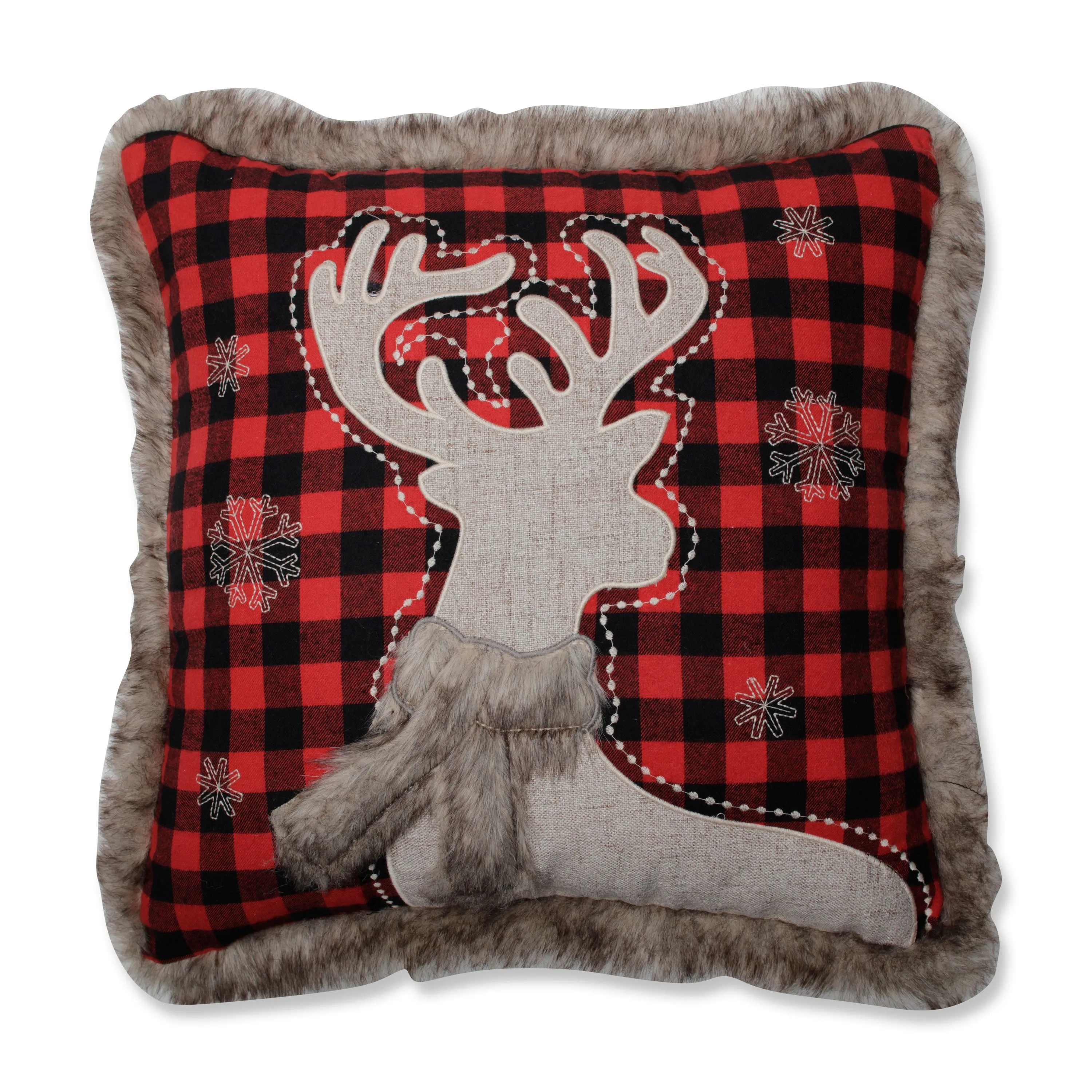 Indoor Christmas Fur Reindeer Square Red/Black 18-inch Throw Pillow